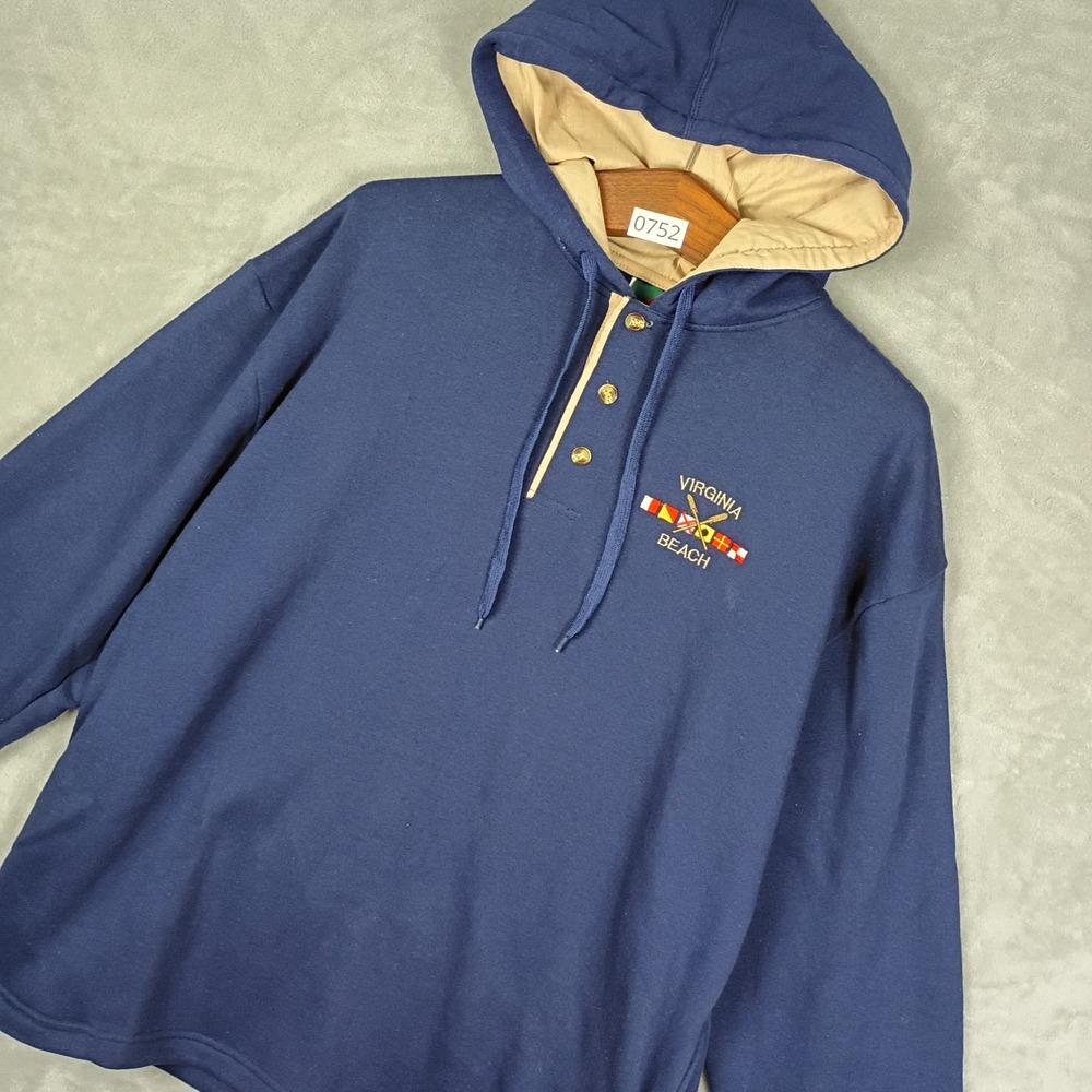 Virginia Beach Henley Hoodie Mens XL Navy Blue Nautical Gorpcore Coastal Sailing
